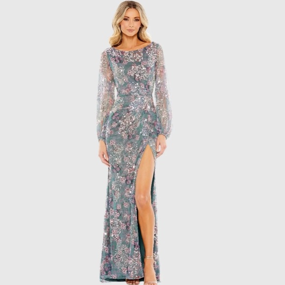 MAC DUGGAL Gray Embellished Illusion Long Sleeve Faux Wrap Gown NEW - Picture 1 of 6